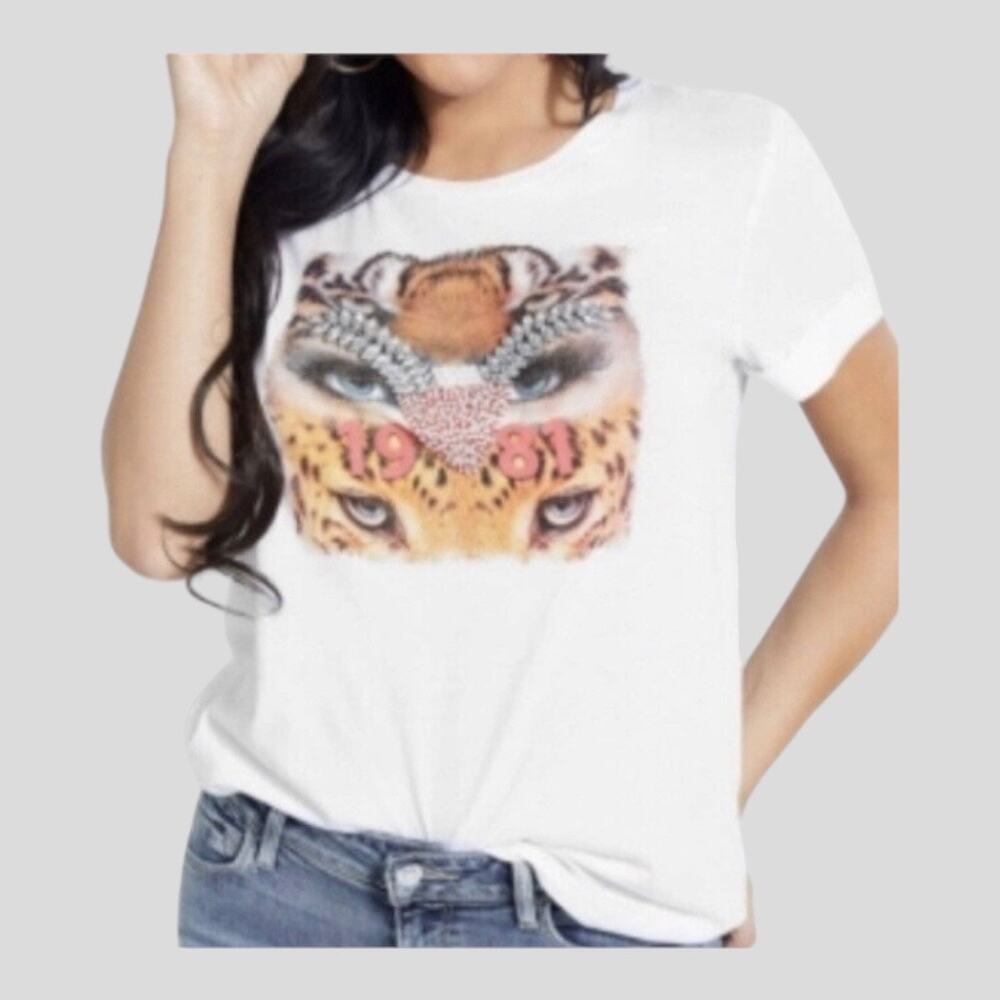 NEW GUESS WOMEN'S WHITE BEADED‎ SHORT SLEEVE ROUND NECK PULLOVER T-SHIRT SIZE XL